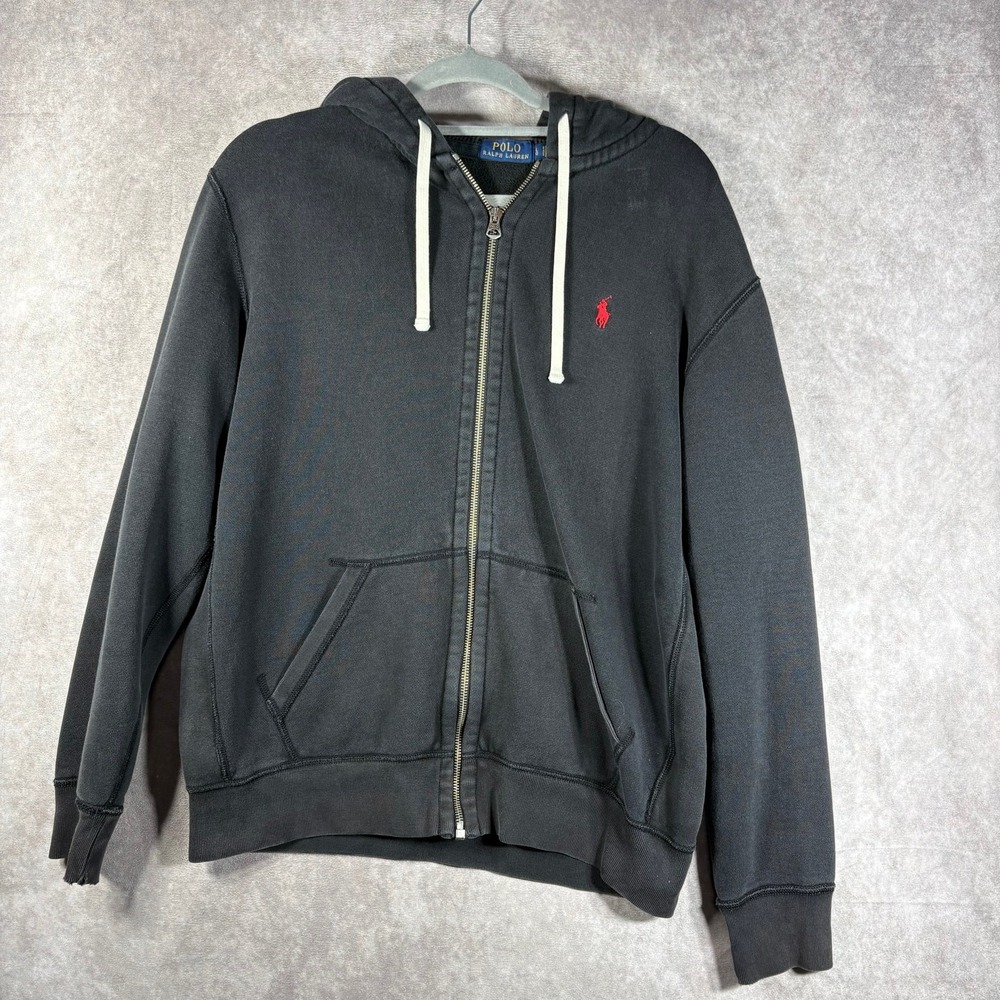 Polo Ralph Lauren Hoodie Sweatshirt Mens L Black Thick Fleece Full‎ Zip Pony